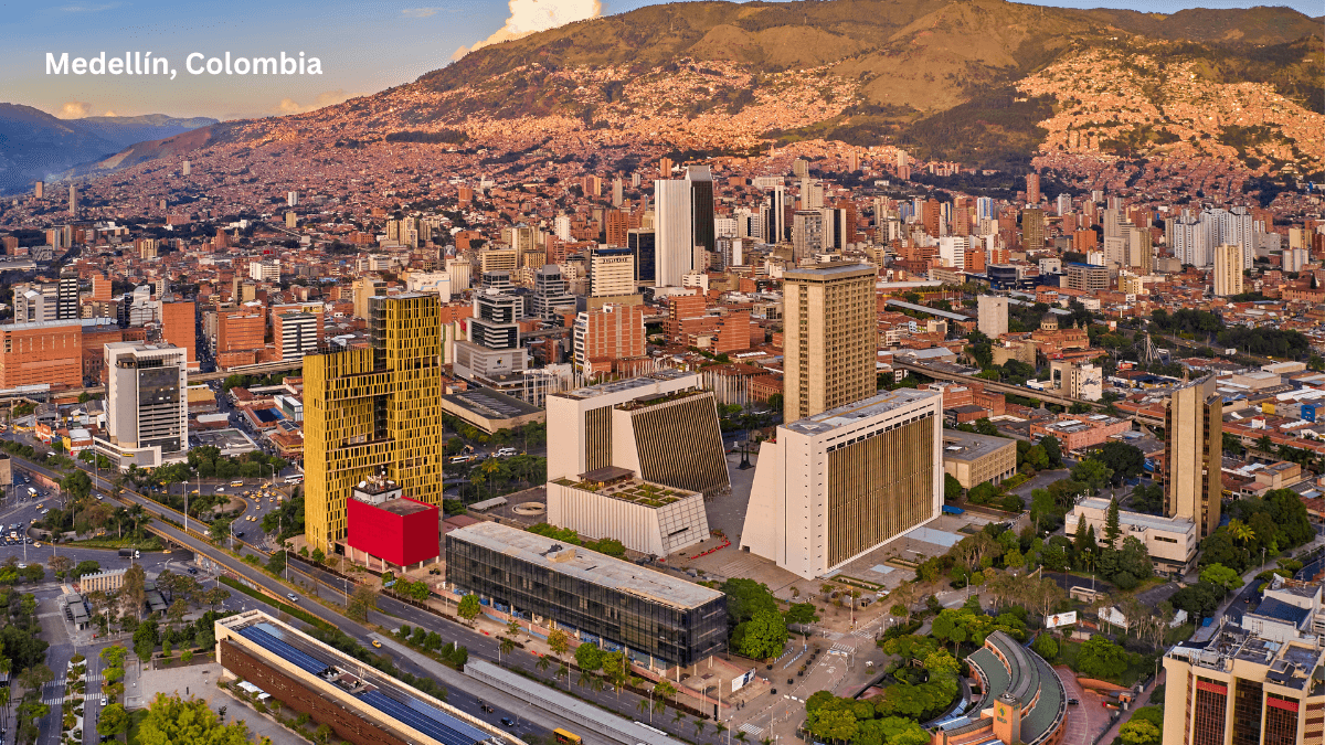 Medellin Colombia city skyline with Andean mountains in the background